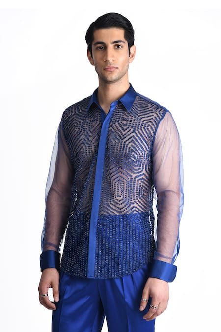 Rohit Gandhi + Rahul Khanna Sheer Crystal Embroidered Shirt 