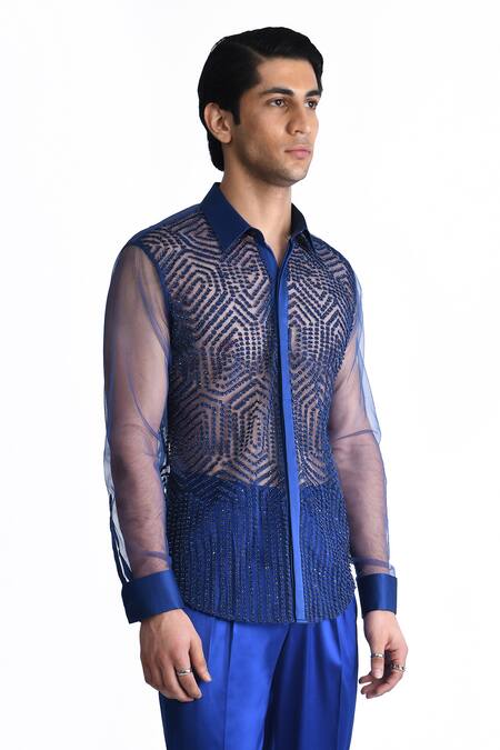 Rohit Gandhi + Rahul Khanna_Blue Tulle Embroidered Crystal Sheer Shirt _Online_at_Aza_Fashions