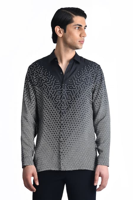 Shop Rohit Gandhi + Rahul Khanna Black Silk Printed Full Sleeve Shirt at Aza Fashions Shop_Rohit Gandhi + Rahul Khanna_Black Silk Printed Full Sleeve Shirt _at_Aza_Fashions