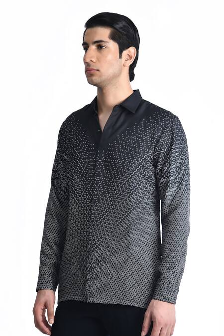Rohit Gandhi + Rahul Khanna_Black Silk Printed Full Sleeve Shirt _Online_at_Aza_Fashions