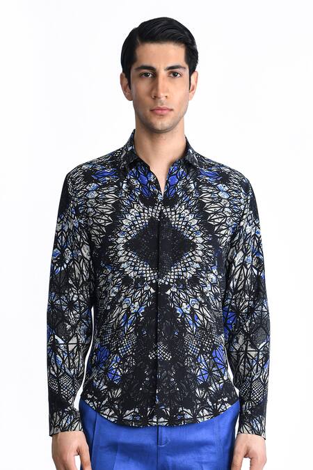 Rohit Gandhi + Rahul Khanna_Black Silk, Crepe Placement Printed Button Down Shirt _Online_at_Aza_Fashions