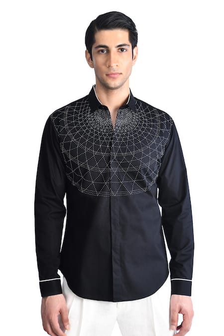 Rohit Gandhi + Rahul Khanna_Black Cotton Embroidery Thread Shirt _Online_at_Aza_Fashions