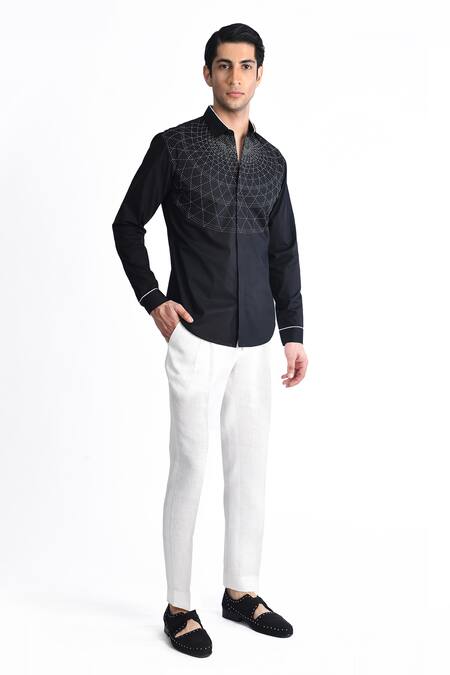 Buy_Rohit Gandhi + Rahul Khanna_Black Cotton Embroidery Thread Shirt _Online_at_Aza_Fashions