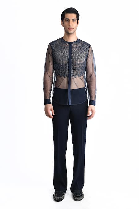 Rohit Gandhi + Rahul Khanna Blue Tulle Embroidered Crystal And Sequin Shirt 