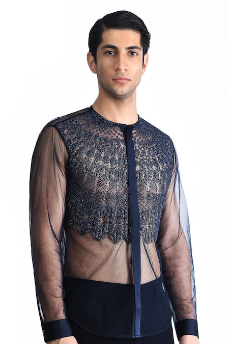 Rohit Gandhi + Rahul Khanna_Blue Tulle Embroidered Crystal And Sequin Shirt _Online_at_Aza_Fashions