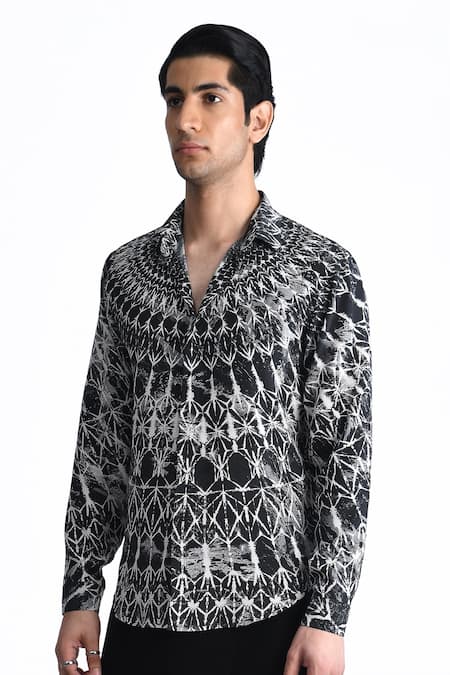 Rohit Gandhi + Rahul Khanna_Black Silk, Crepe Printed Shirt _Online_at_Aza_Fashions