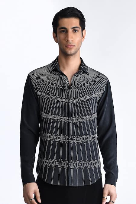 Rohit Gandhi + Rahul Khanna_Black Silk, Crepe Digital Geometric Print Shirt _Online_at_Aza_Fashions