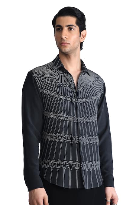 Buy_Rohit Gandhi + Rahul Khanna_Black Silk, Crepe Digital Geometric Print Shirt _Online_at_Aza_Fashions