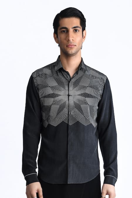 Rohit Gandhi + Rahul Khanna_Black Silk, Crepe Placement Print Shirt _Online_at_Aza_Fashions