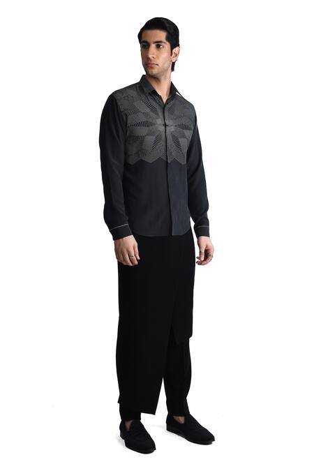 Buy_Rohit Gandhi + Rahul Khanna_Black Silk, Crepe Placement Print Shirt _Online_at_Aza_Fashions