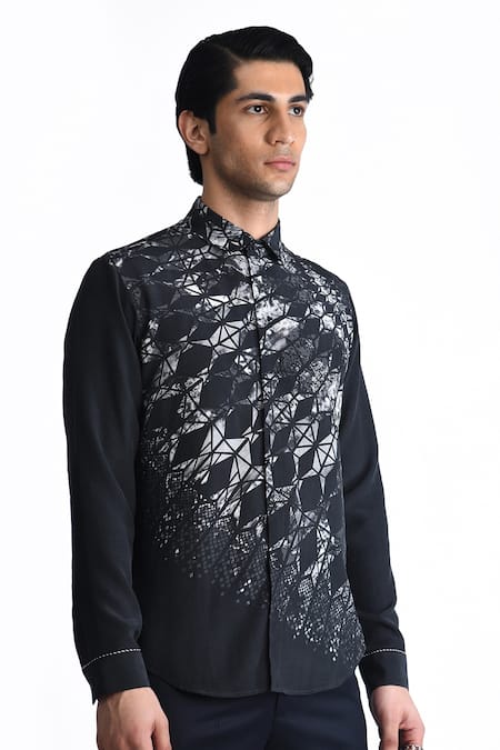 Rohit Gandhi + Rahul Khanna_Black Silk, Crepe Asymmetric Printed Shirt _Online_at_Aza_Fashions