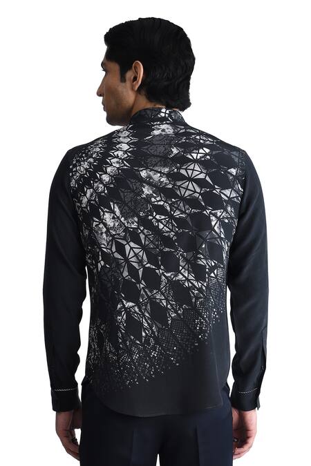 Shop_Rohit Gandhi + Rahul Khanna_Black Silk, Crepe Asymmetric Printed Shirt _Online_at_Aza_Fashions