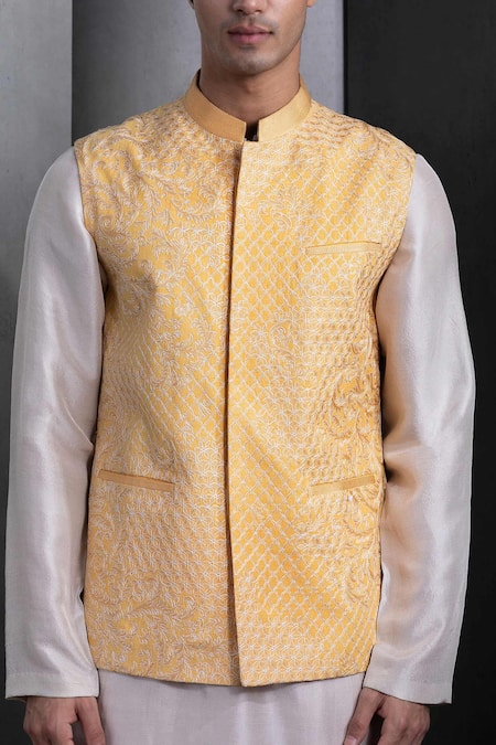 Rohit Gandhi + Rahul Khanna_Yellow Cotton, Silk Embroidery Bundi _Online_at_Aza_Fashions