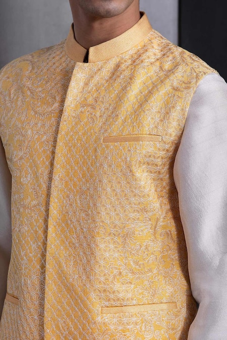 Buy_Rohit Gandhi + Rahul Khanna_Yellow Cotton, Silk Embroidery Bundi _Online_at_Aza_Fashions