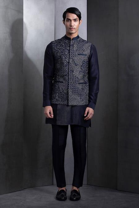 Rohit Gandhi + Rahul Khanna Midnight Navy Blue Thread Embroidered Bundi 