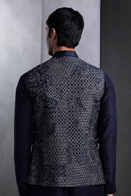 Rohit Gandhi + Rahul Khanna Midnight Navy Blue Thread Embroidered Bundi 