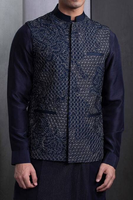 Rohit Gandhi + Rahul Khanna_Blue Cotton, Silk Embroidery Midnight Navy Thread Bundi _Online_at_Aza_Fashions