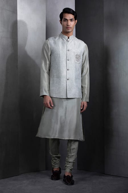 Rohit Gandhi + Rahul Khanna Mint Green Embroidered Silk Bundi 