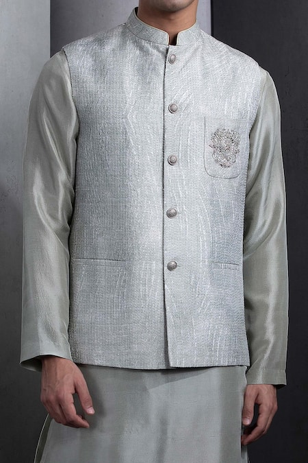 Rohit Gandhi + Rahul Khanna_Green Silk Embroidery Mint Bundi _Online_at_Aza_Fashions