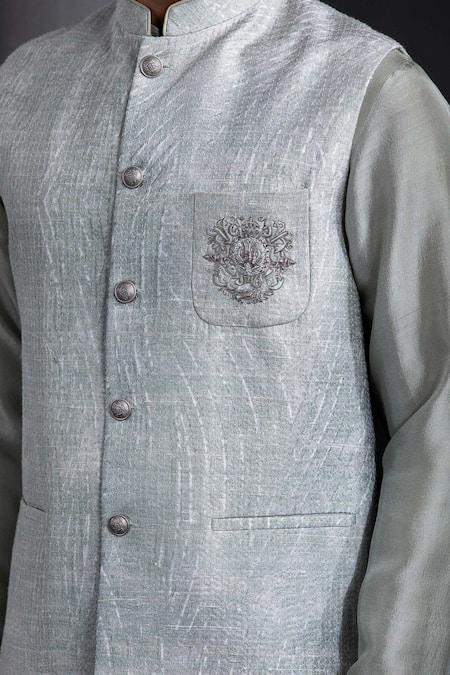 Buy_Rohit Gandhi + Rahul Khanna_Green Silk Embroidery Mint Bundi _Online_at_Aza_Fashions