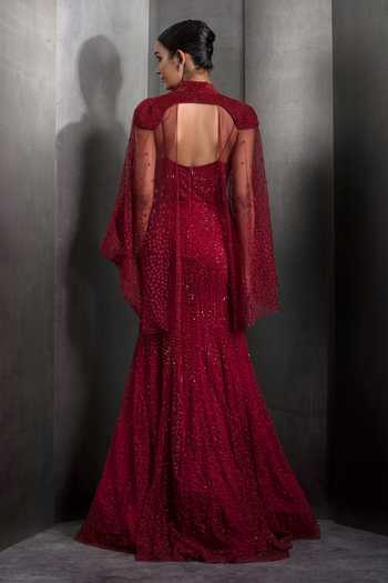 Shop Rohit Gandhi + Rahul Khanna Red Tulle Sequins, Crystals V-neck Embroidered Mermaid Gown With Sheer Cape at Aza Fashions Shop_Rohit Gandhi + Rahul Khanna_Red Tulle Sequins, Crystals V-neck Embroidered Mermaid Gown With Sheer Cape _at_Aza_Fashions