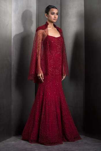 Rohit Gandhi + Rahul Khanna Red Tulle Sequins, Crystals V-neck Embroidered Mermaid Gown With Sheer Cape Online at Aza Fashions Rohit Gandhi + Rahul Khanna_Red Tulle Sequins, Crystals V-neck Embroidered Mermaid Gown With Sheer Cape _Online_at_Aza_Fashions