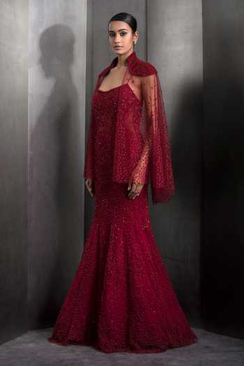 Buy Rohit Gandhi + Rahul Khanna Red Tulle Sequins, Crystals V-neck Embroidered Mermaid Gown With Sheer Cape Online at Aza Fashions Buy_Rohit Gandhi + Rahul Khanna_Red Tulle Sequins, Crystals V-neck Embroidered Mermaid Gown With Sheer Cape _Online_at_Aza_Fashions