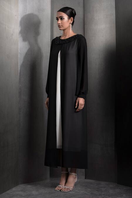Buy_Rohit Gandhi + Rahul Khanna_Black Poly Georgette Embroidered Glass Bead Round Neck Kurta _Online_at_Aza_Fashions