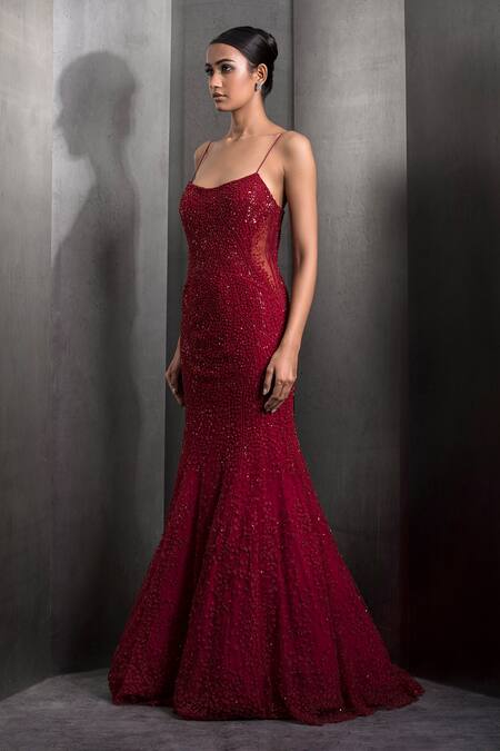 Shop_Rohit Gandhi + Rahul Khanna_Red Tulle Sequins, Crystals V-neck Tonal Embroidered Mermaid Gown _Online_at_Aza_Fashions