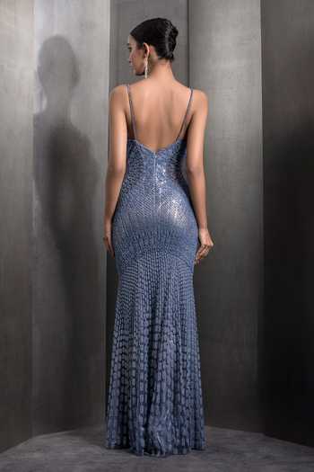 Rohit Gandhi + Rahul Khanna Blue Tulle Beads V-neck Cutdana Embroidered Geometric Mermaid Gown  2