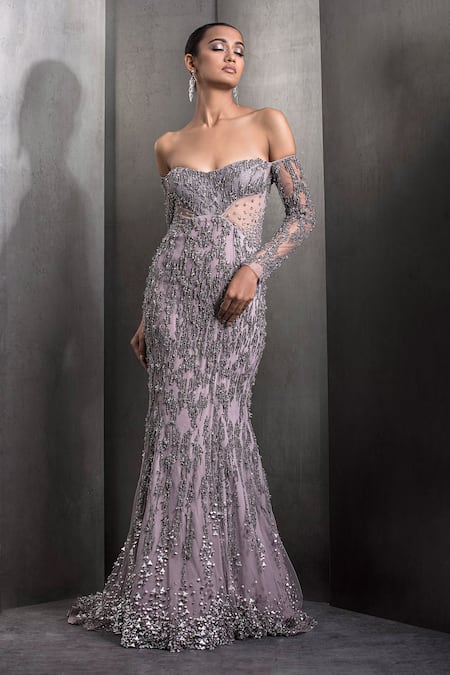 Rohit Gandhi + Rahul Khanna Pink Tulle Crystals, Sequins Off-shoulder Embroidered Mermaid Gown 