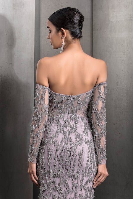 Shop_Rohit Gandhi + Rahul Khanna_Pink Tulle Crystals, Sequins Off-shoulder Embroidered Mermaid Gown _at_Aza_Fashions