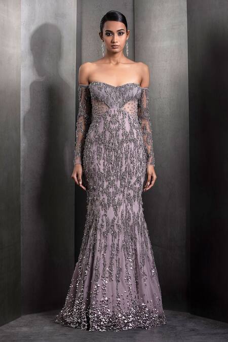 Rohit Gandhi + Rahul Khanna_Pink Tulle Crystals, Sequins Off-shoulder Embroidered Mermaid Gown _Online_at_Aza_Fashions