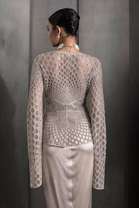 Shop Rohit Gandhi + Rahul Khanna Pink Tulle Sequins, Crystals Plunge Neck Cutwork Embroidered Jacket at Aza Fashions Shop_Rohit Gandhi + Rahul Khanna_Pink Tulle Sequins, Crystals Plunge Neck Cutwork Embroidered Jacket _at_Aza_Fashions