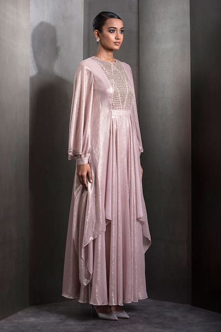 Rohit Gandhi + Rahul Khanna_Rose Gold Georgette Sequins Round Neck Crystal Embroidered Kaftan _Online_at_Aza_Fashions