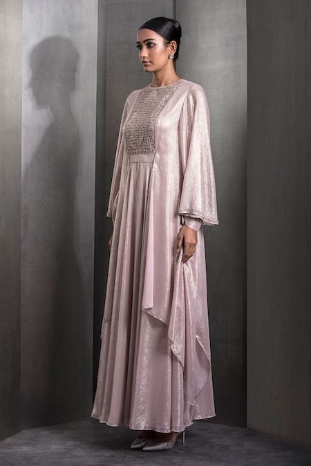 Buy_Rohit Gandhi + Rahul Khanna_Rose Gold Georgette Sequins Round Neck Crystal Embroidered Kaftan _Online_at_Aza_Fashions