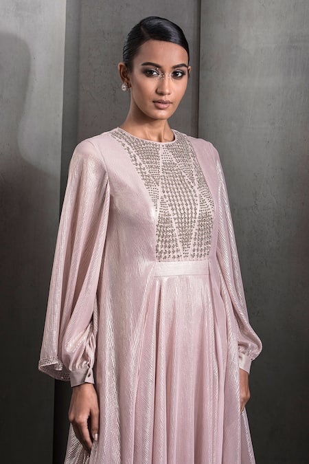 Shop_Rohit Gandhi + Rahul Khanna_Rose Gold Georgette Sequins Round Neck Crystal Embroidered Kaftan _Online_at_Aza_Fashions