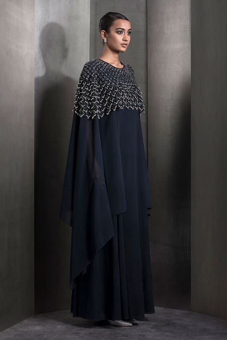Rohit Gandhi + Rahul Khanna_Blue Georgette Tulle Embroidered Sequin Round Crystal Cut-out Bodice Kaftan _Online_at_Aza_Fashions