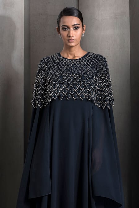 Buy_Rohit Gandhi + Rahul Khanna_Blue Georgette Tulle Embroidered Sequin Round Crystal Cut-out Bodice Kaftan _Online_at_Aza_Fashions