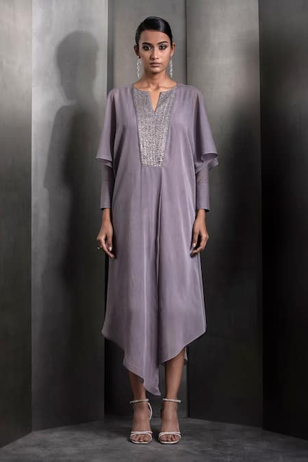 Rohit Gandhi + Rahul Khanna_Pink Chiffon Sequins, Crystals Split V-neck Embroidered Bodice Asymmetric Kaftan _Online_at_Aza_Fashions