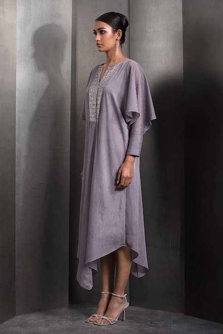 Buy_Rohit Gandhi + Rahul Khanna_Pink Chiffon Sequins, Crystals Split V-neck Embroidered Bodice Asymmetric Kaftan _Online_at_Aza_Fashions