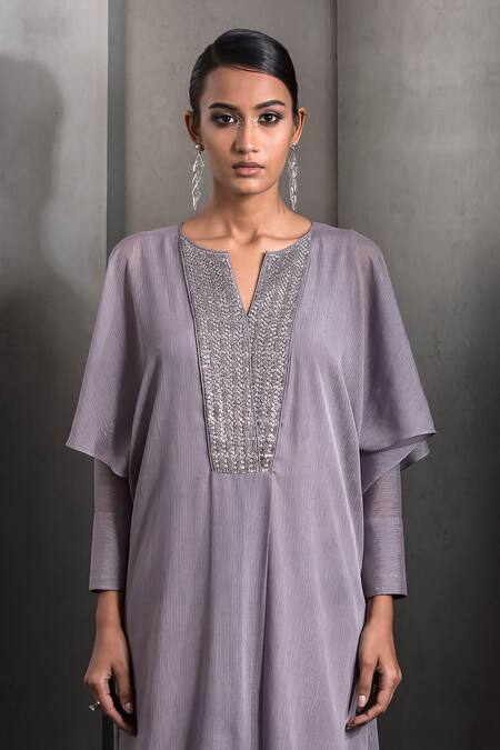 Shop_Rohit Gandhi + Rahul Khanna_Pink Chiffon Sequins, Crystals Split V-neck Embroidered Bodice Asymmetric Kaftan _Online_at_Aza_Fashions