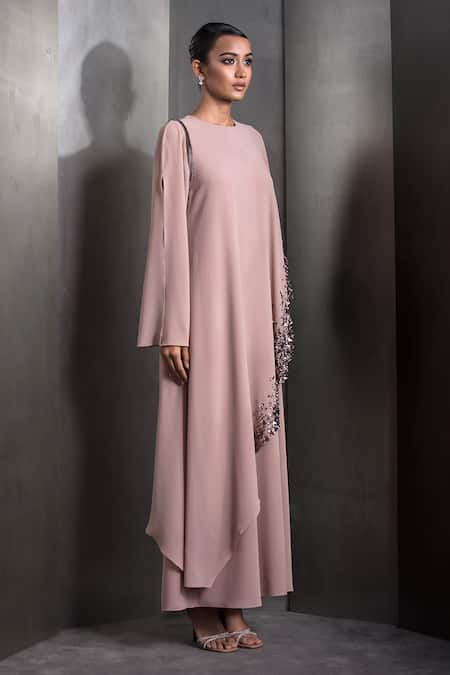 Rohit Gandhi + Rahul Khanna Pink Georgette Sequins, Crystals Round Neck Metallic Embroidered Layered Kaftan Online at Aza Fashions Rohit Gandhi + Rahul Khanna_Pink Georgette Sequins, Crystals Round Neck Metallic Embroidered Layered Kaftan _Online_at_Aza_Fashions