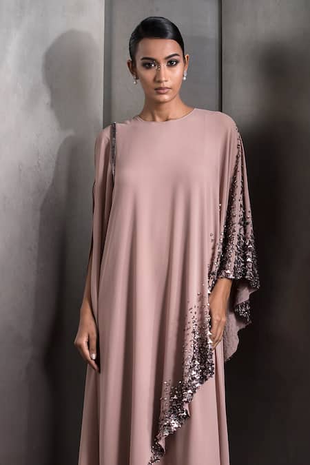 Shop Rohit Gandhi + Rahul Khanna Pink Georgette Sequins, Crystals Round Neck Metallic Embroidered Layered Kaftan Online at Aza Fashions Shop_Rohit Gandhi + Rahul Khanna_Pink Georgette Sequins, Crystals Round Neck Metallic Embroidered Layered Kaftan _Online_at_Aza_Fashions