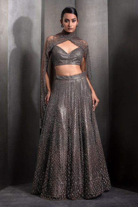 Rohit Gandhi + Rahul Khanna Grey Tulle Embroidered Sequin Deep V-neck Metallic Lehenga Set 