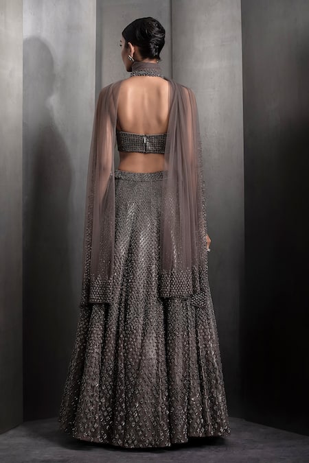 Shop Rohit Gandhi + Rahul Khanna Grey Tulle Sequins, Crystals V-neck Metallic Embroidered Lehenga Set at Aza Fashions Shop_Rohit Gandhi + Rahul Khanna_Grey Tulle Sequins, Crystals V-neck Metallic Embroidered Lehenga Set _at_Aza_Fashions