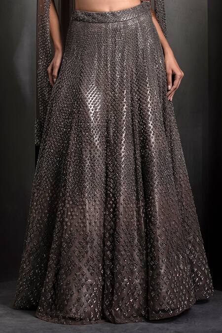 Rohit Gandhi + Rahul Khanna Grey Tulle Sequins, Crystals V-neck Metallic Embroidered Lehenga Set Online at Aza Fashions Rohit Gandhi + Rahul Khanna_Grey Tulle Sequins, Crystals V-neck Metallic Embroidered Lehenga Set _Online_at_Aza_Fashions