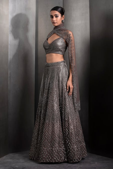 Buy Rohit Gandhi + Rahul Khanna Grey Tulle Sequins, Crystals V-neck Metallic Embroidered Lehenga Set Online at Aza Fashions Buy_Rohit Gandhi + Rahul Khanna_Grey Tulle Sequins, Crystals V-neck Metallic Embroidered Lehenga Set _Online_at_Aza_Fashions