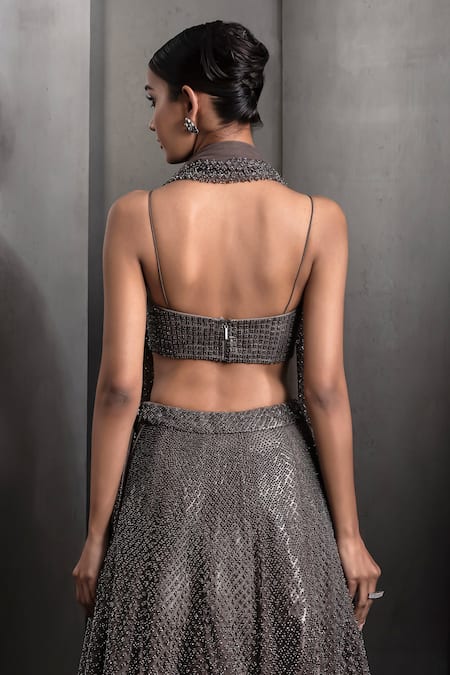 Rohit Gandhi + Rahul Khanna Grey Tulle Sequins, Crystals V-neck Metallic Embroidered Lehenga Set at Aza Fashions Rohit Gandhi + Rahul Khanna_Grey Tulle Sequins, Crystals V-neck Metallic Embroidered Lehenga Set _at_Aza_Fashions