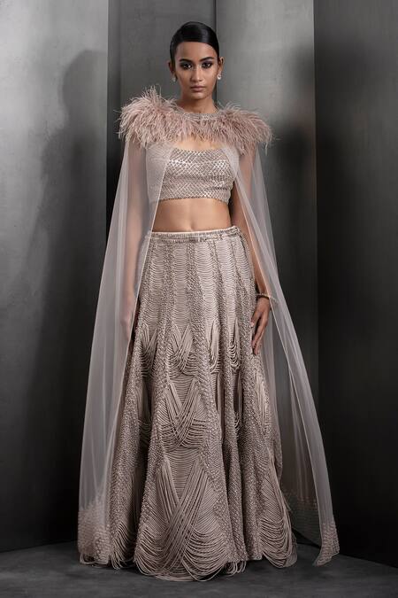Rohit Gandhi + Rahul Khanna Grey Tulle Sequins, Crystals, Embroidery Cord Scalloped Lehenga With Blouse Online at Aza Fashions Rohit Gandhi + Rahul Khanna_Grey Tulle Sequins, Crystals, Embroidery Cord Scalloped Lehenga With Blouse _Online_at_Aza_Fashions